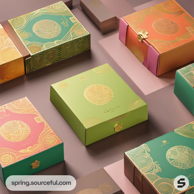Assorted gift boxes in pastel colors with gold circular designs.
