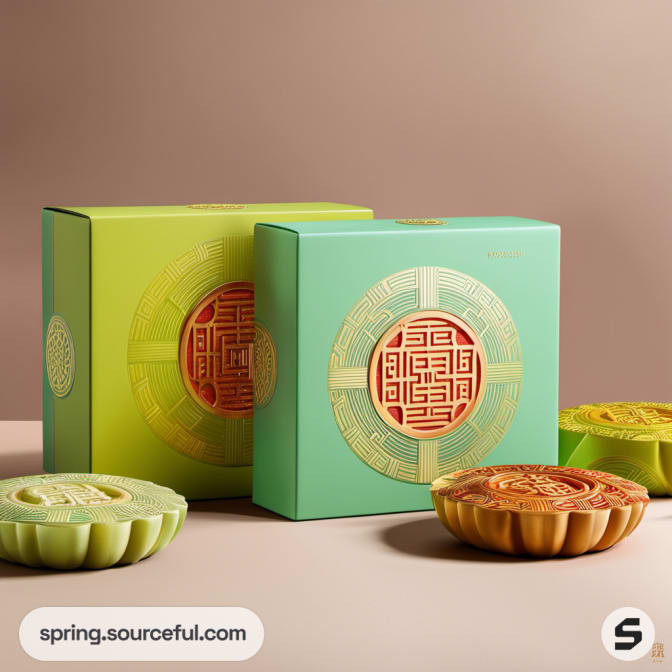 Two green boxes with intricate circular designs, accompanied by mooncakes.