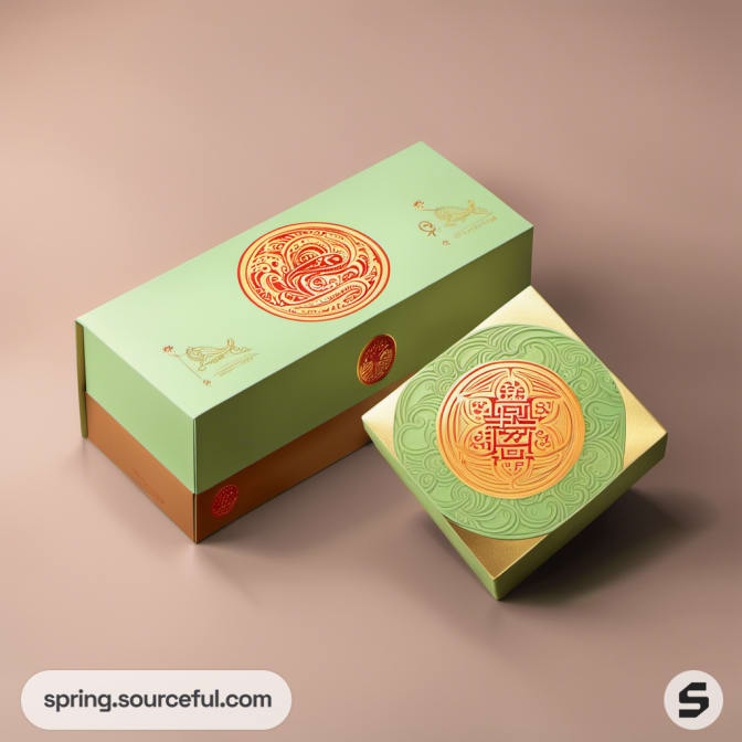 Rectangular and square boxes with intricate patterns on a beige background.