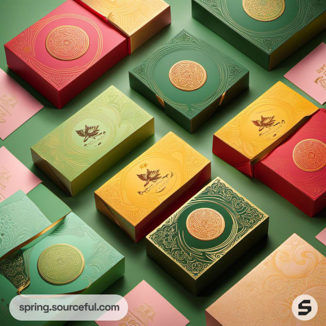Gift boxes in green, red, and gold with intricate circular patterns.