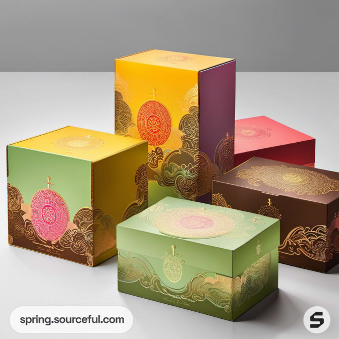 Colorful gift boxes with intricate designs and circular patterns.