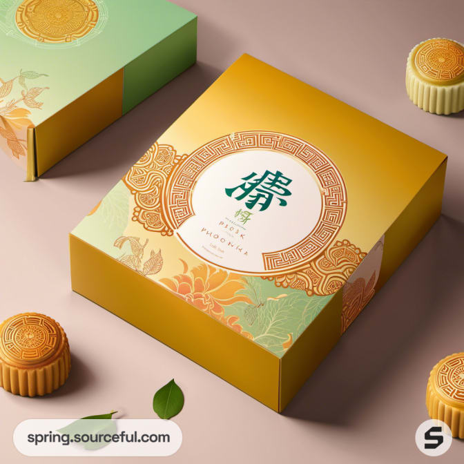 Yellow box with intricate circular design, accompanied by mooncakes.