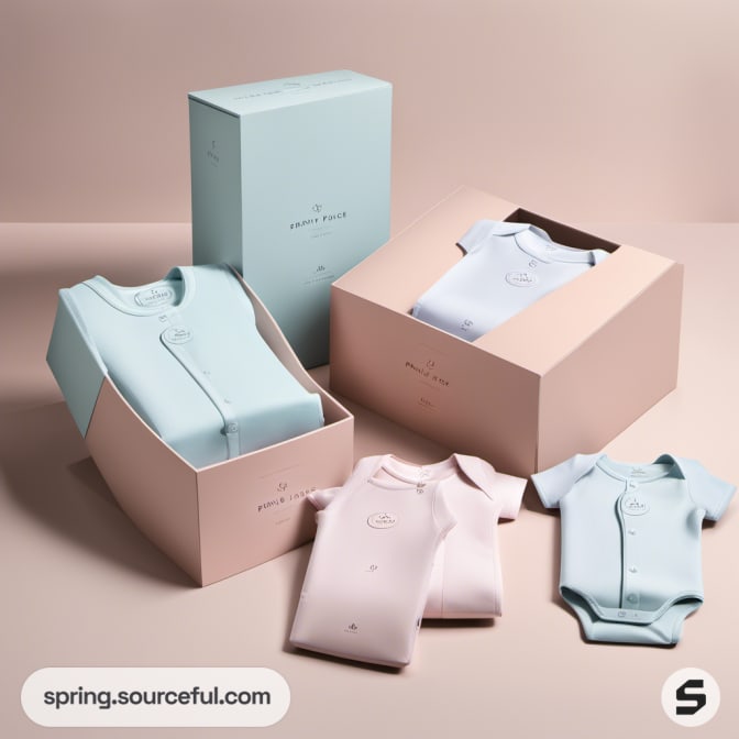 Baby clothes in pastel-colored gift boxes