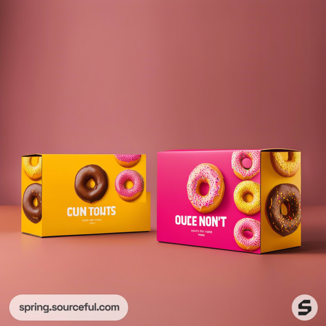 Two colorful donut-themed boxes on a pink background, one yellow and one pink, featuring images of donuts.