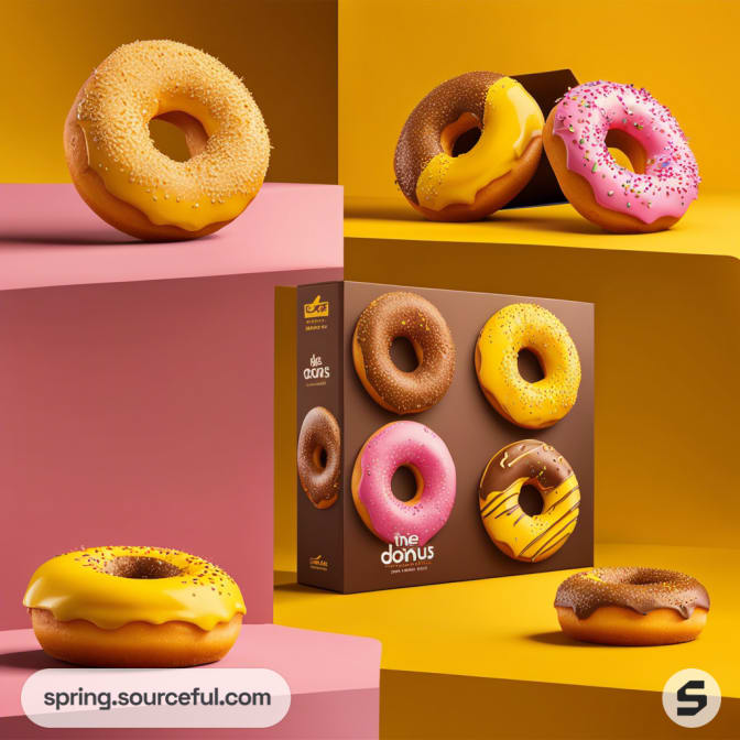 Assorted donuts and a box set against a colorful backdrop.