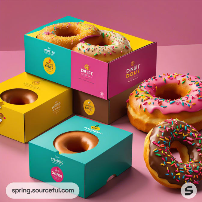 Stacked colorful boxes with donuts, featuring various flavors and sprinkles, on a pink background.
