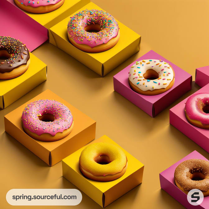 Various donuts on colorful square boxes with pink, yellow, and brown frosting, some topped with sprinkles.
