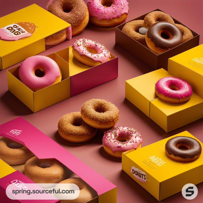 Assorted donuts in colorful open boxes on a pink background.