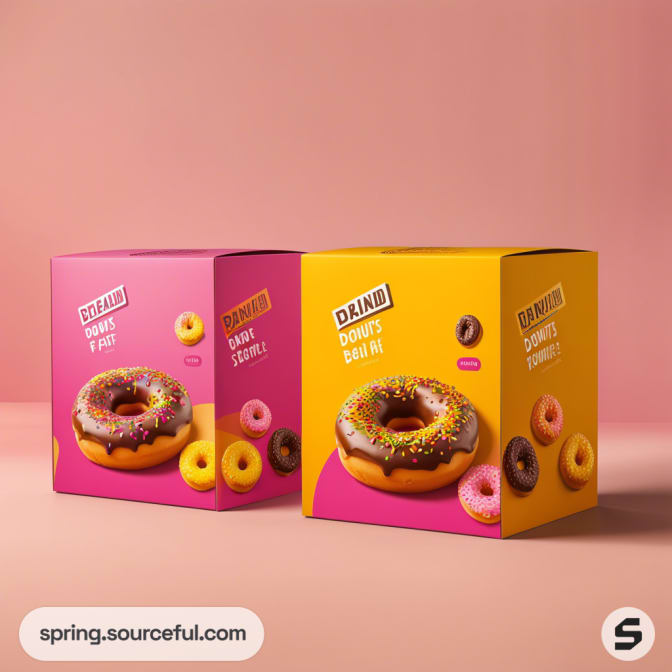 Pink and yellow donut box packaging with colorful sprinkles on a gradient background.