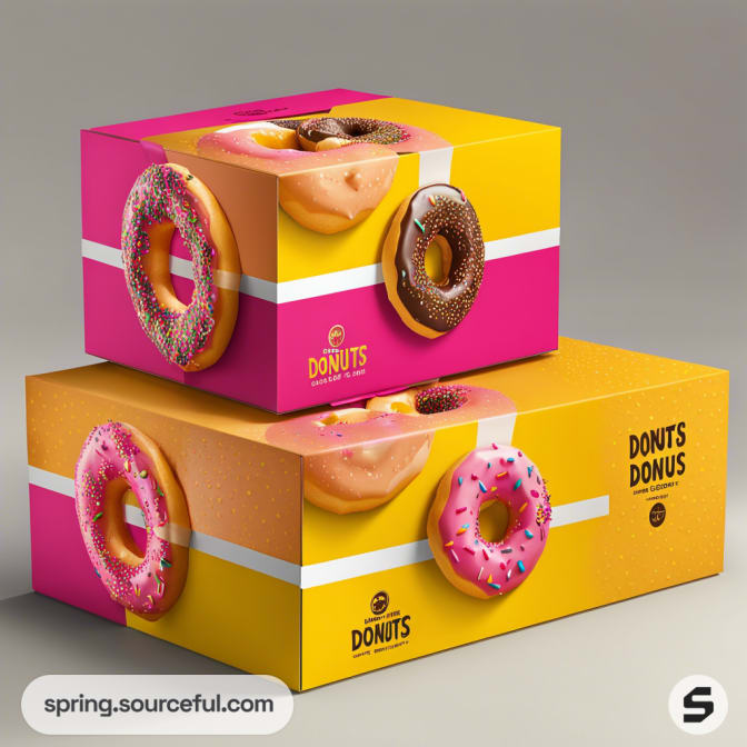 Stacked donut boxes with vibrant pink and yellow designs, featuring images of assorted donuts with sprinkles.
