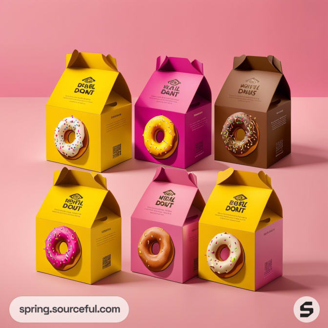 Six gable-top boxes with colorful donut images against a pink background, featuring various flavors and toppings.