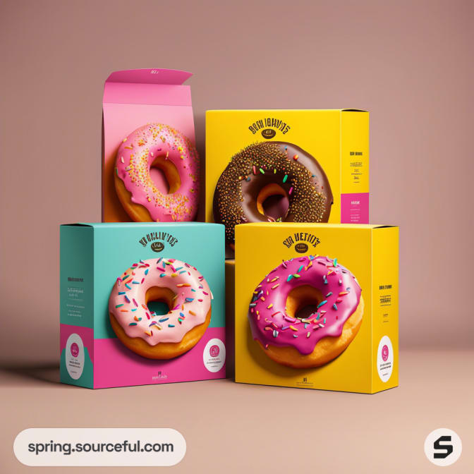 Colorful donut boxes stacked; pink and yellow designs with donut images and sprinkles.
