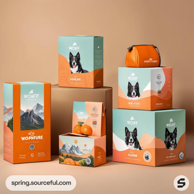 Stacked boxes with mountain and dog designs in orange and teal colors.
