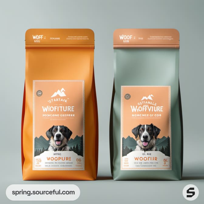 Two pet food bags with orange and teal designs featuring mountain imagery.