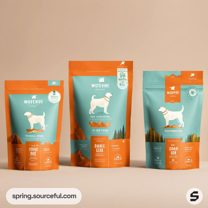 Three pet food pouches in orange and teal with dog illustrations on a beige surface.