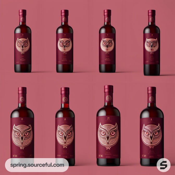 Red owl-themed wine bottles on a pink background.