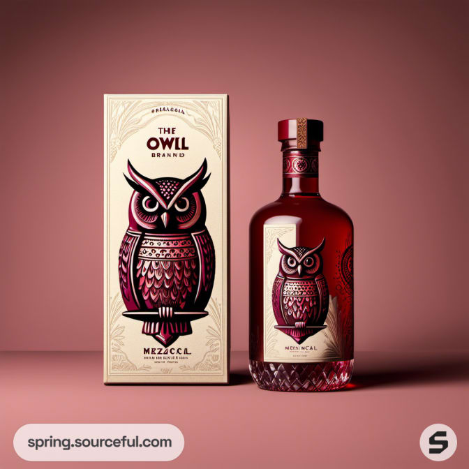 Owl-branded Mezcal bottle with matching box.