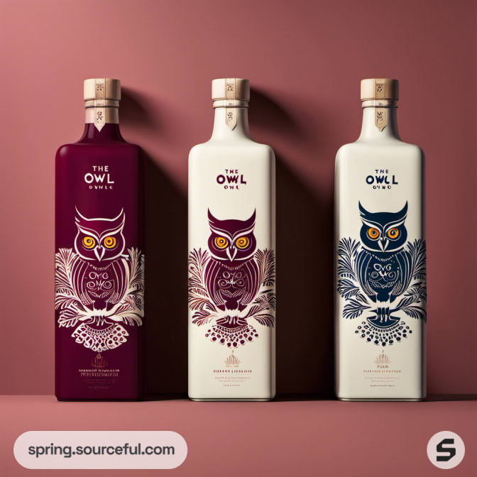 Three The Owl brand bottles with owl design on pink and cream.