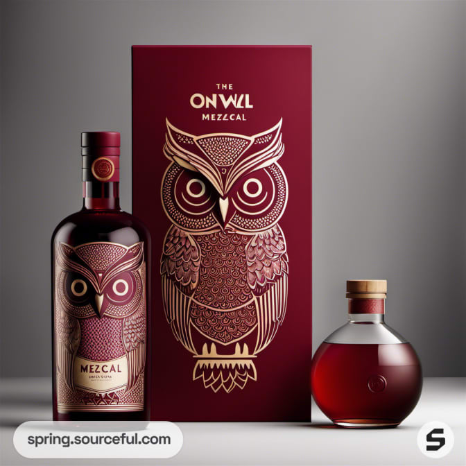Owl-themed Mezcal bottle with dark red box.