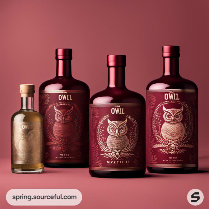 Owl-themed large and small bottles on red background.