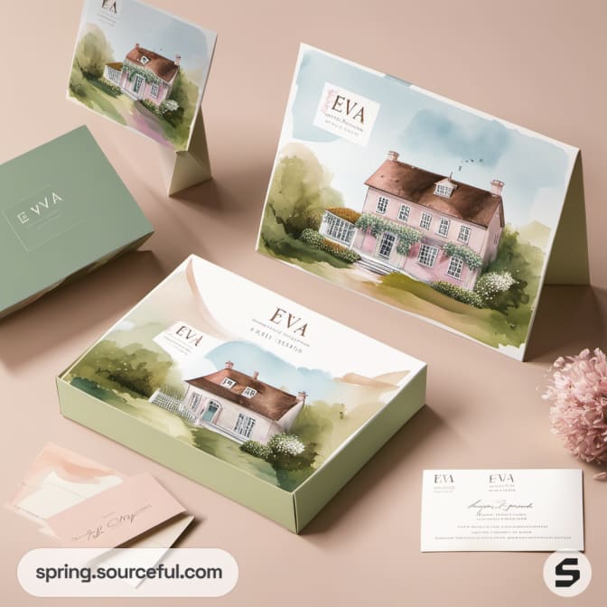 Green and pink decorative packaging with house illustrations, includes postcards and cards.