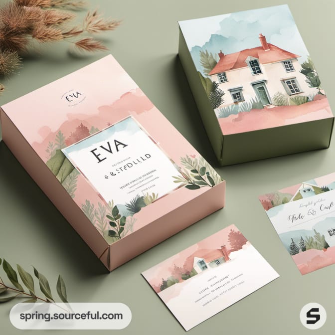 Pink and green boxes with watercolor house illustrations, accompanied by cards and foliage.