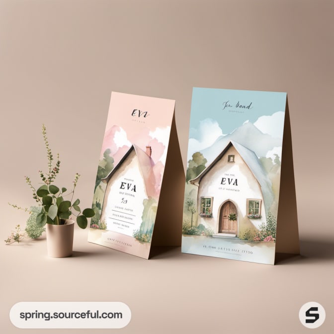 Two standing cards with watercolor house designs, set on a beige surface.