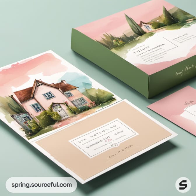 Open box with house illustration cards, featuring green and pink hues.