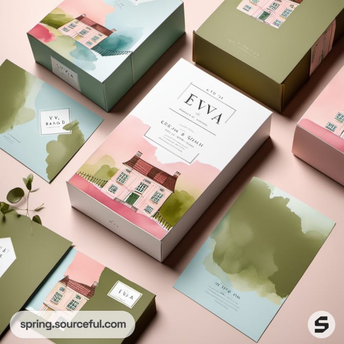 Assorted pastel boxes with house illustrations, accompanied by cards and greenery.