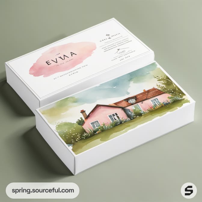 White box with watercolor house design on a green background.