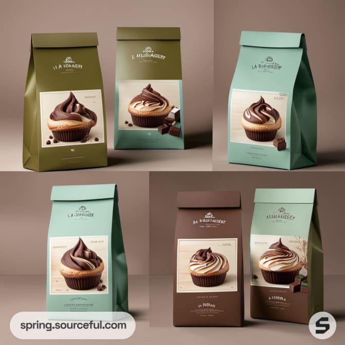 Assorted cupcake mix packages in green and brown resealable pouches with frosting images.