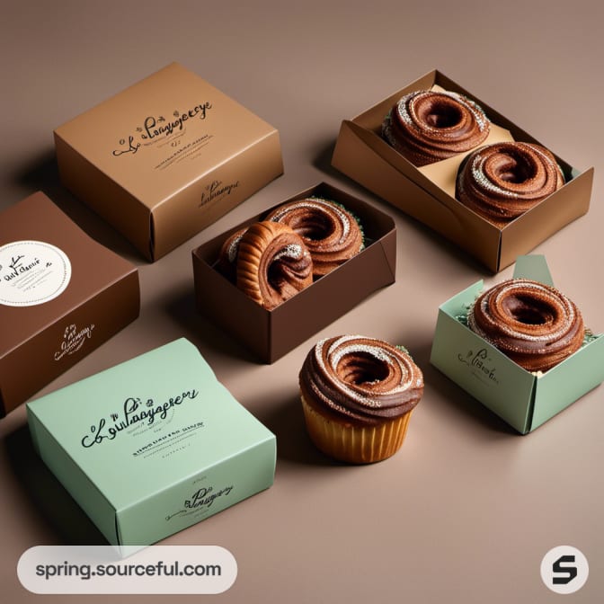 Cupcakes in brown and teal boxes on a beige background.