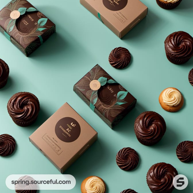 Chocolate and vanilla cupcakes with mint and brown boxes on a teal backdrop.