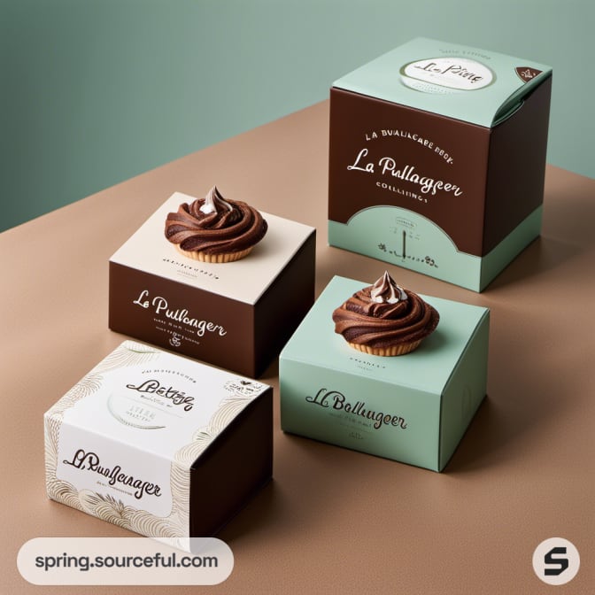 Cupcakes in brown and teal cube boxes with frosting on top.