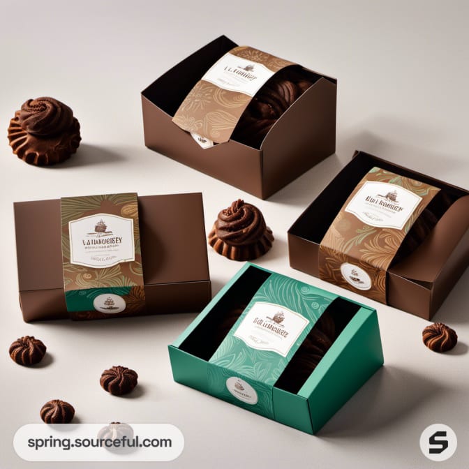 Brown and teal bakery boxes with chocolate swirls and cupcakes.