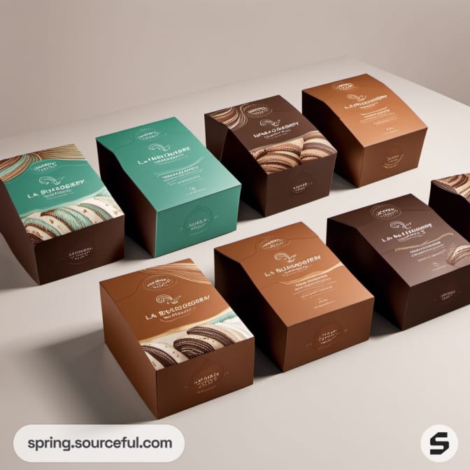 Brown and teal rectangular boxes with macarons on a white background.