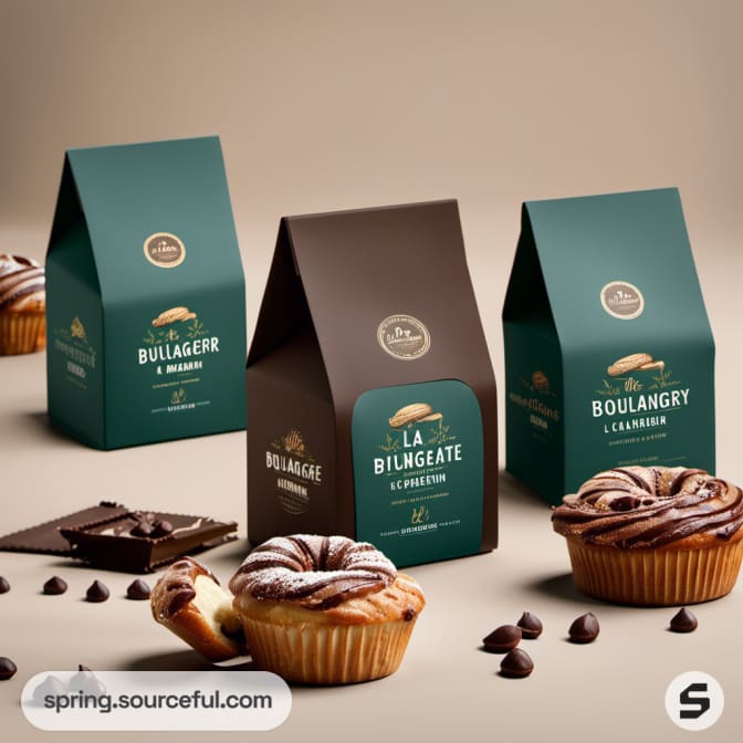 Brown and teal bakery pouches with pastries on a beige surface.