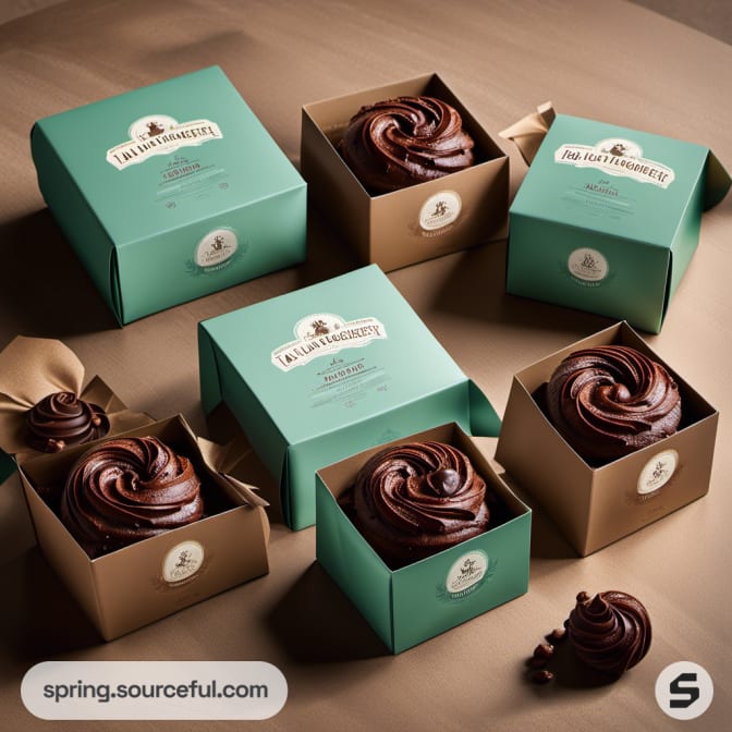 Teal and brown open boxes with chocolate swirled cupcakes.