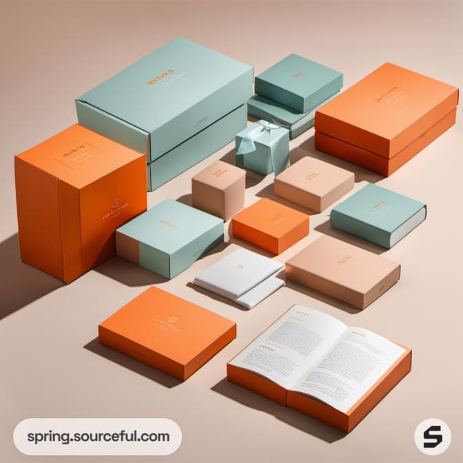Assorted pastel-colored boxes on a beige background.