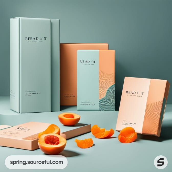 Peach and teal packaging with fresh apricots.