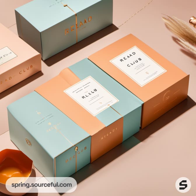 Peach and teal rectangular boxes with cut-outs.