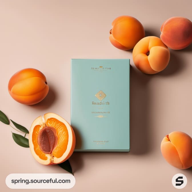 Teal package surrounded by fresh apricots.