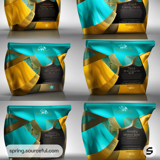 Resealable pouches with teal and gold geometric design on a gradient background.