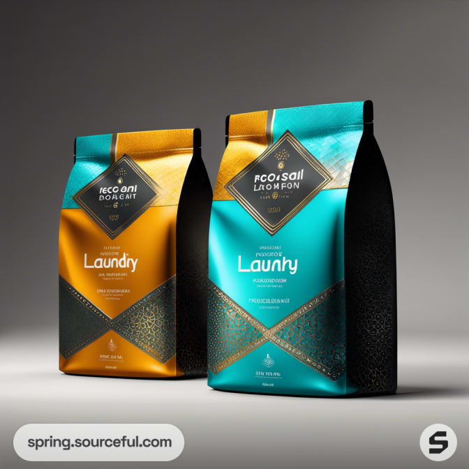 Two colorful resealable pouches for laundry detergent, one gold and black, the other teal and black, with geometric designs.