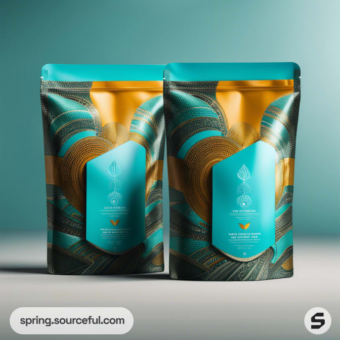 Teal and gold resealable pouches with a swirl design on a teal background.