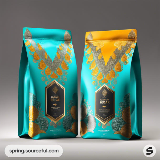 Teal and gold coffee bags with geometric designs on gray background.