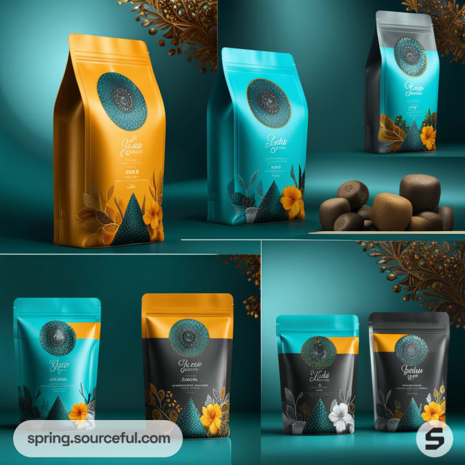 Stand-up pouches with teal and gold design, featuring floral and geometric patterns, containing assorted truffles.