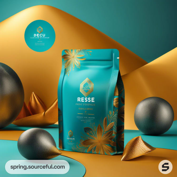 Teal resealable coffee pouch with floral design, set against a geometric background with spheres and gold accents.