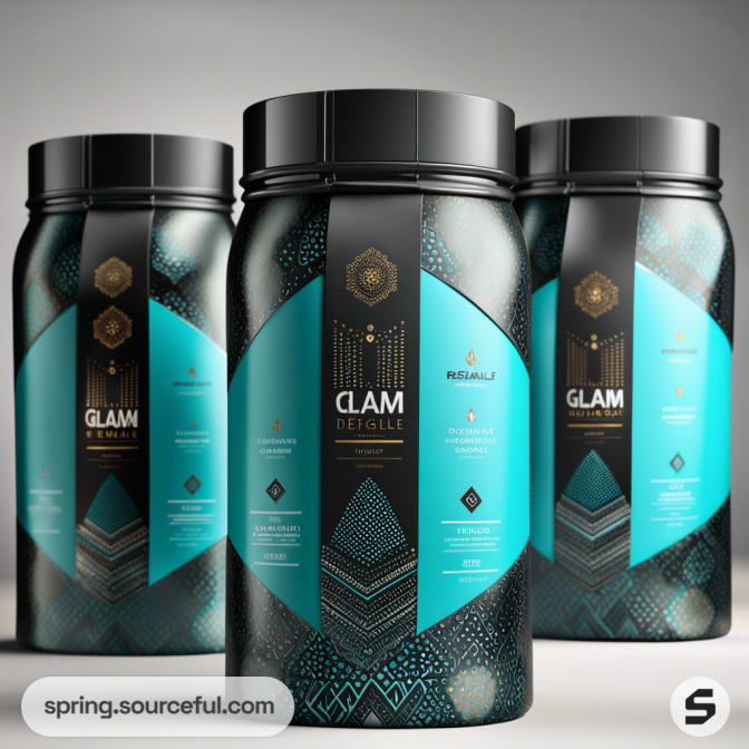 Black and teal protein powder canisters with intricate geometric patterns.