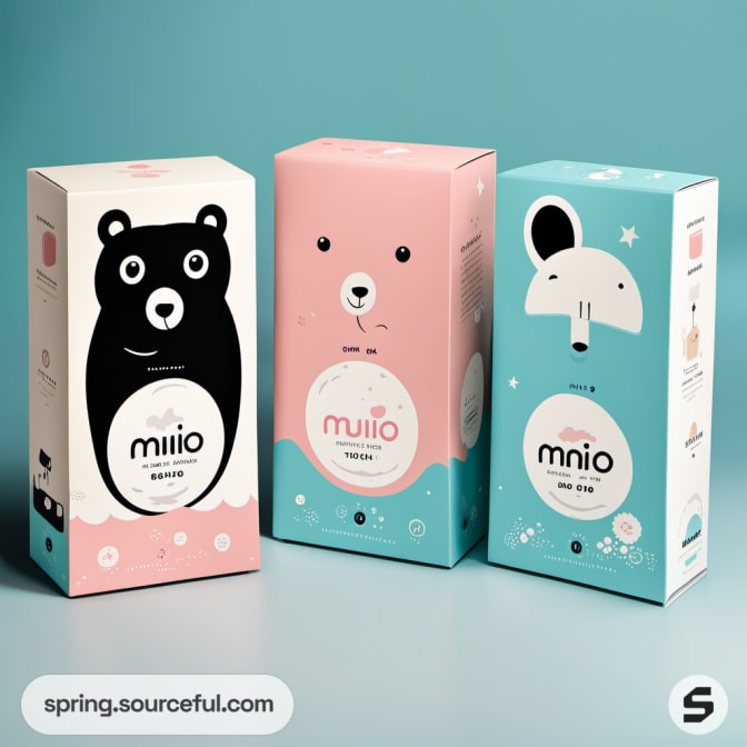 Tri-color boxes with animal illustrations and 'miio' branding on pastel backgrounds.